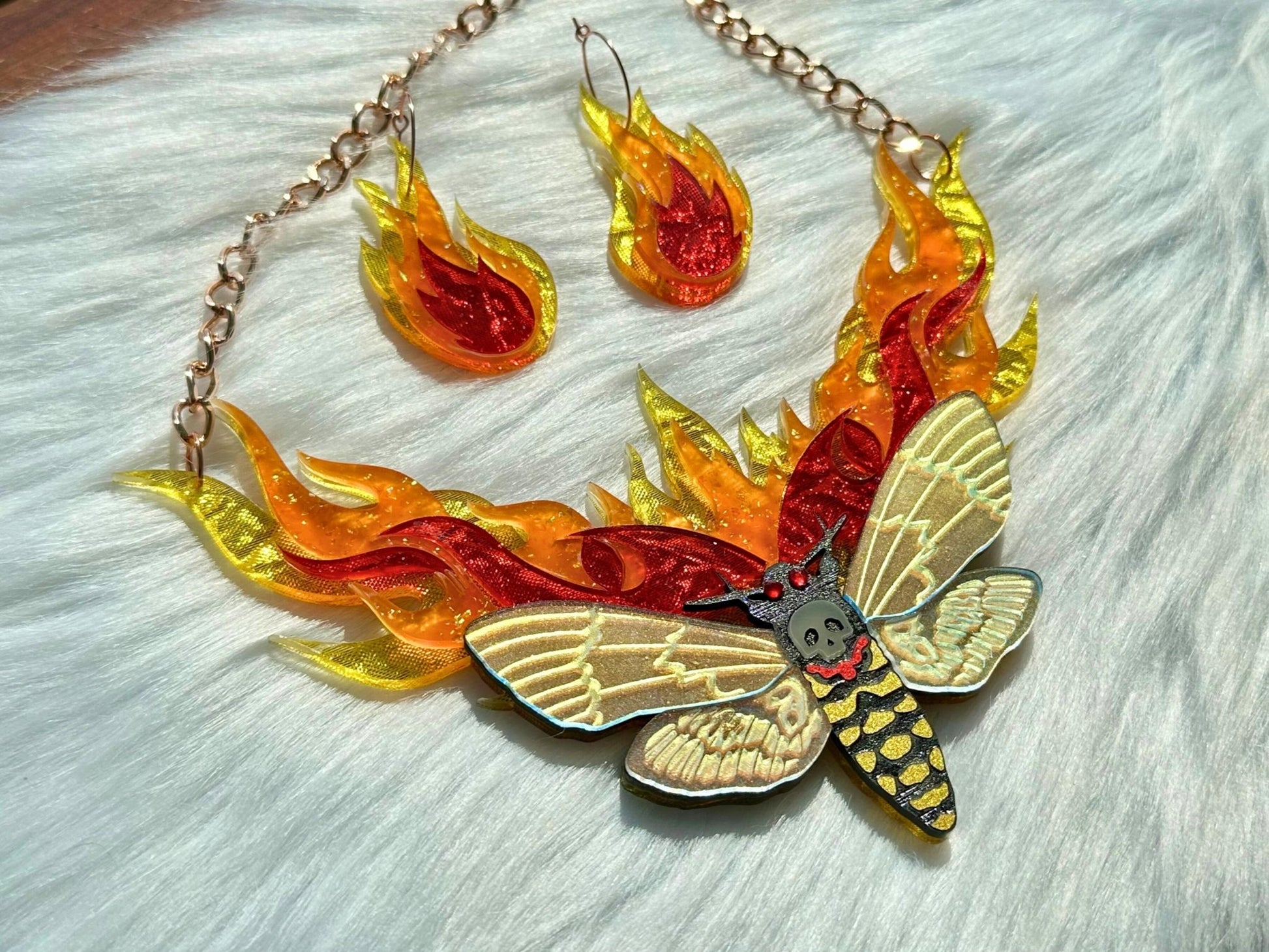 Moth to Flame Necklace | Handmade Statement Jewelry with Skull Moth & Flame Earrings Set - Painted Raina