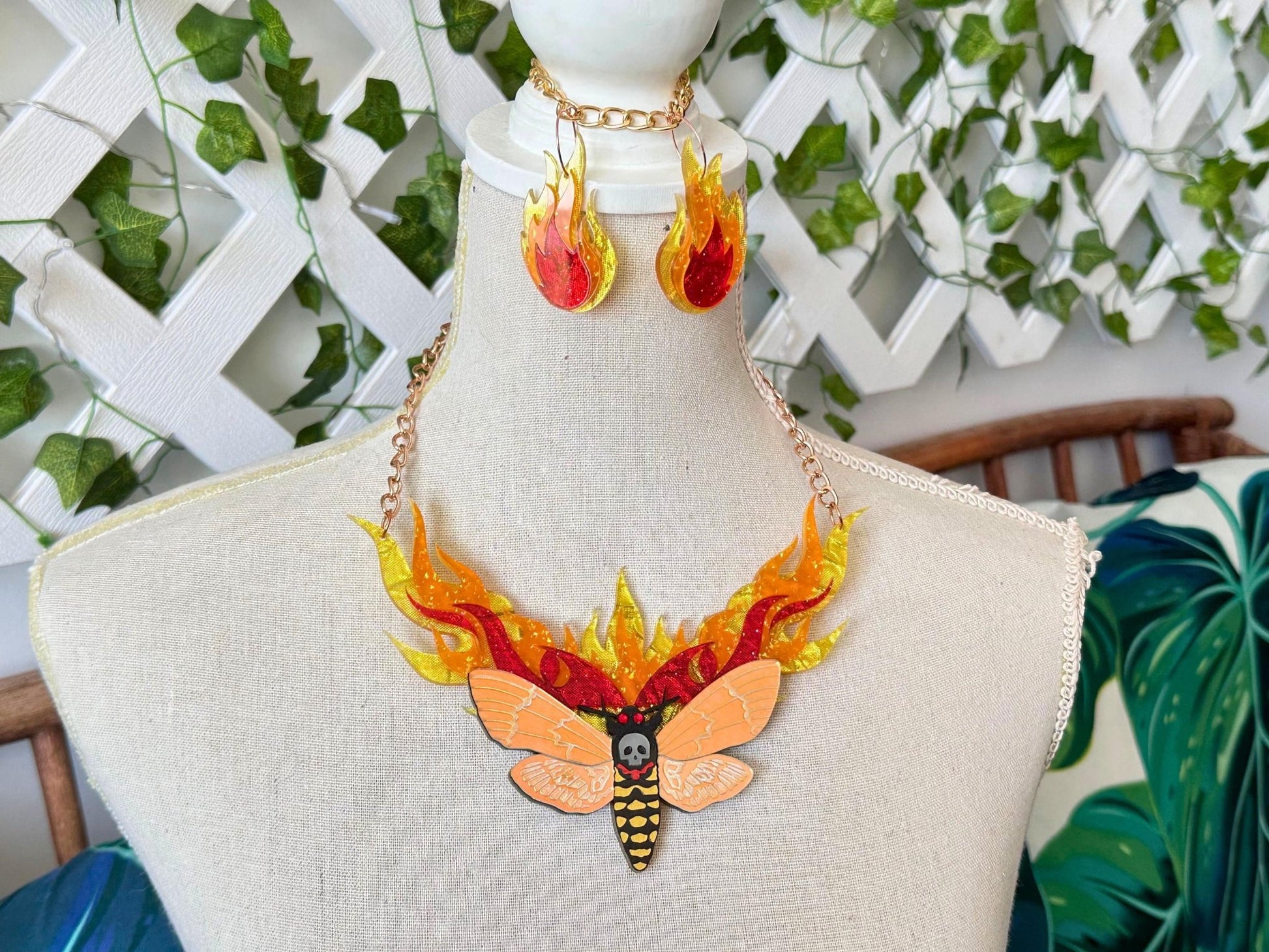Moth to Flame Necklace | Handmade Statement Jewelry with Skull Moth & Flame Earrings Set - Painted Raina