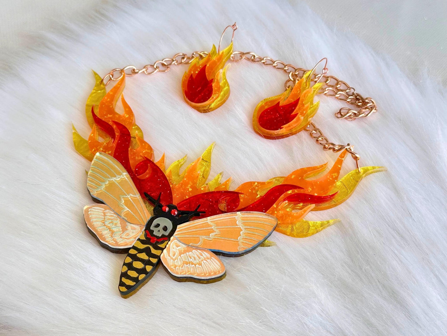 Moth to Flame Necklace | Handmade Statement Jewelry with Skull Moth & Flame Earrings Set - Painted Raina