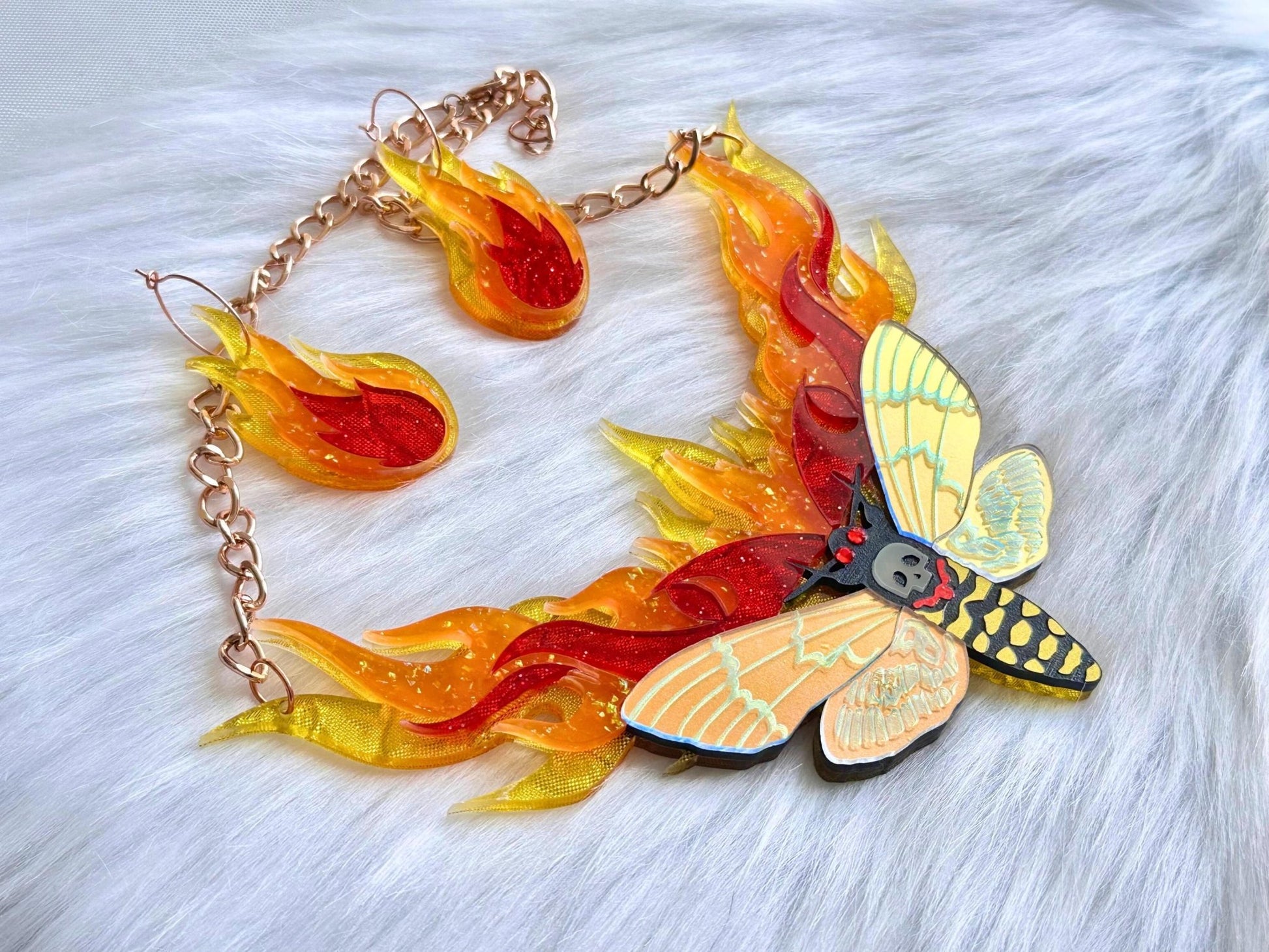Moth to Flame Necklace | Handmade Statement Jewelry with Skull Moth & Flame Earrings Set - Painted Raina
