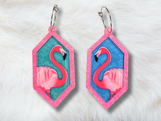 Neon Pink Flamingo Statement Earrings - Painted Raina