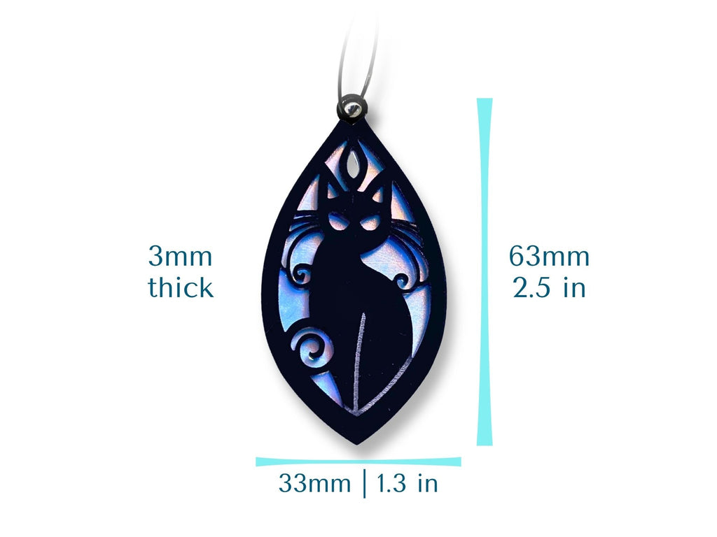 Black cat earring with measurements on a white background