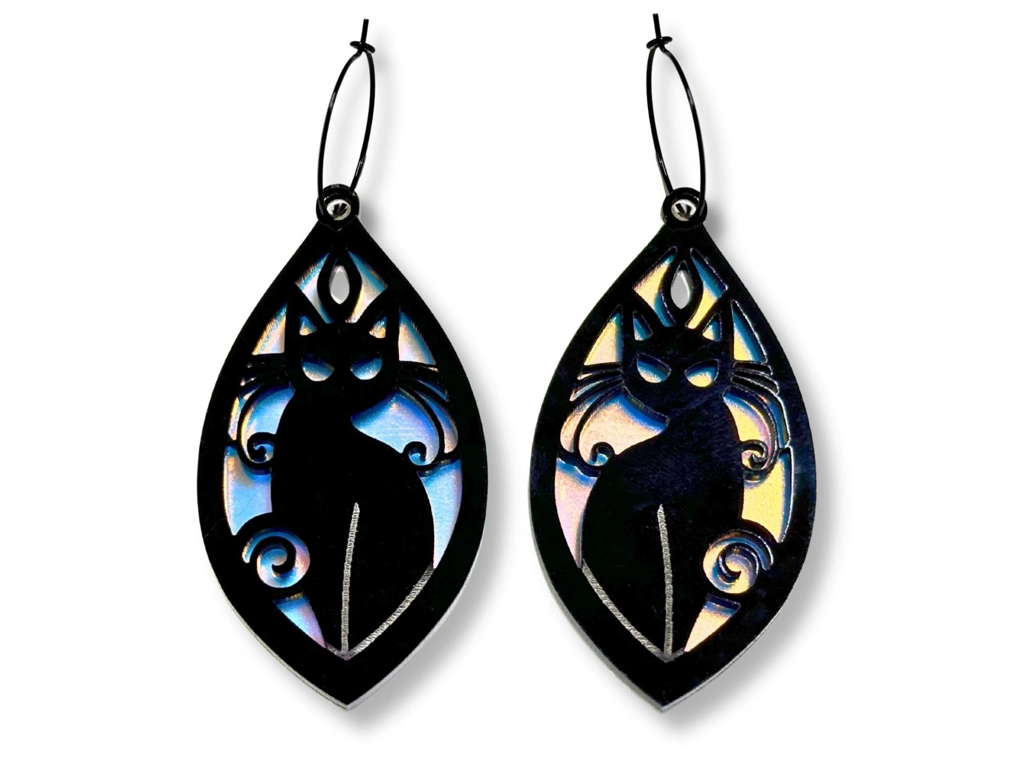 Black and iridescent acrylic cat statement earrings with gothic stained glass inspired design