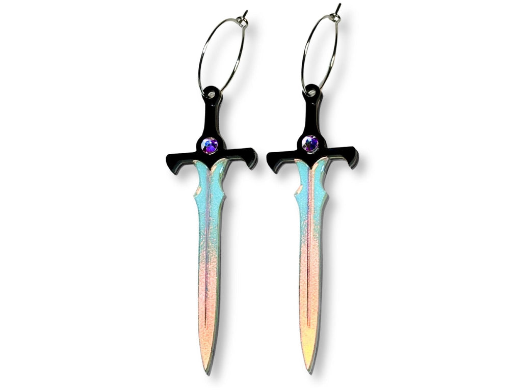 Obsidian sword earrings with black crystal hilts and iridescent engraved blades on white background