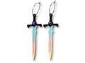 Obsidian sword earrings with black crystal hilts and iridescent engraved blades on white background