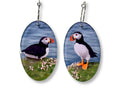 Puffin earrings featuring original Painted Raina bird artwork on oval drops