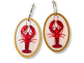 Red lobster earrings with raised layered acrylic artwork and gold border