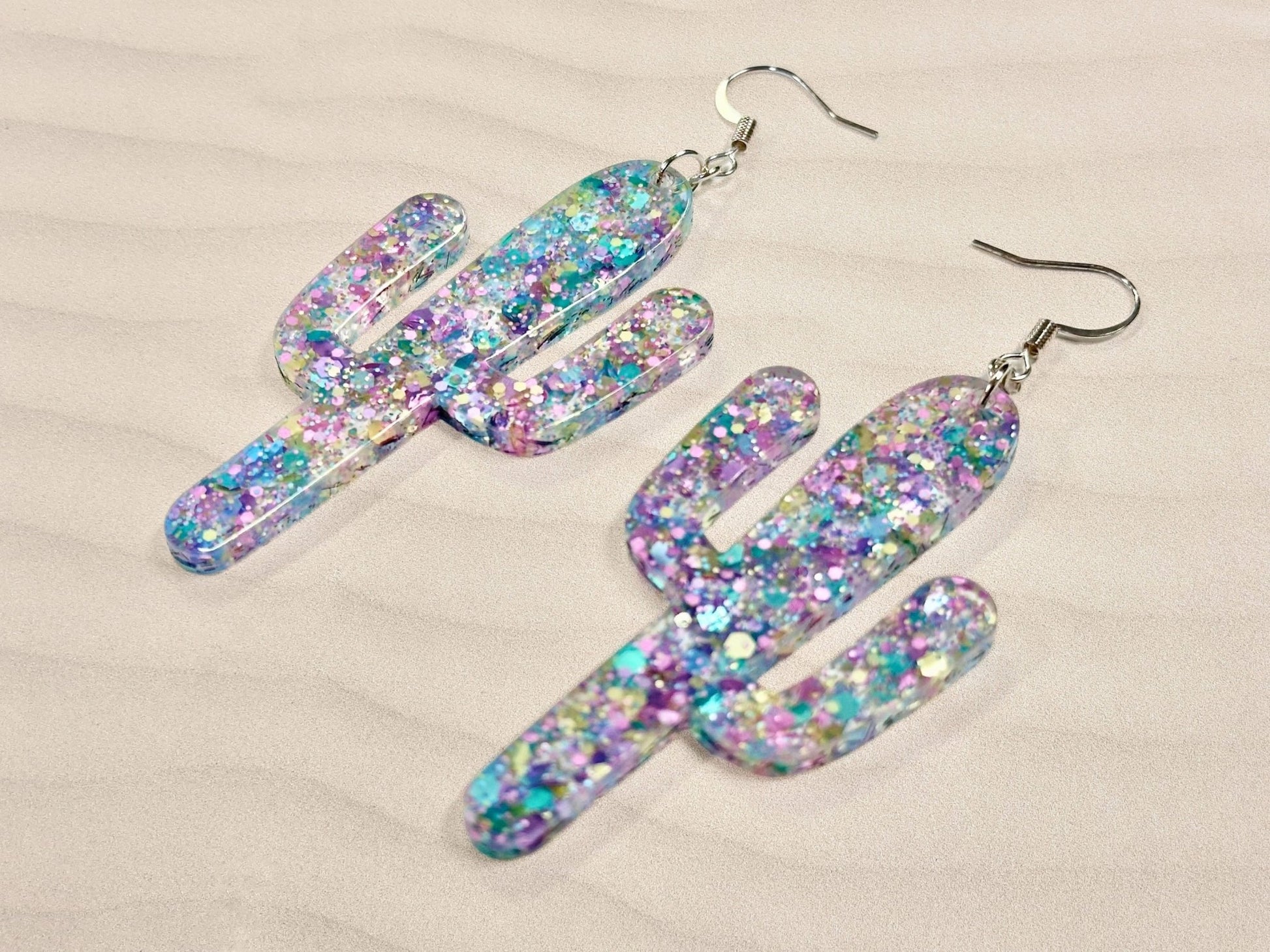 Pastel Glitter Cactus Earrings - Painted Raina