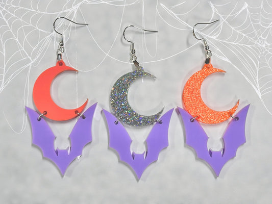 Pastel Goth Bat Earrings | Purple Halloween Crescent Moon Novelty Dangles - Painted Raina