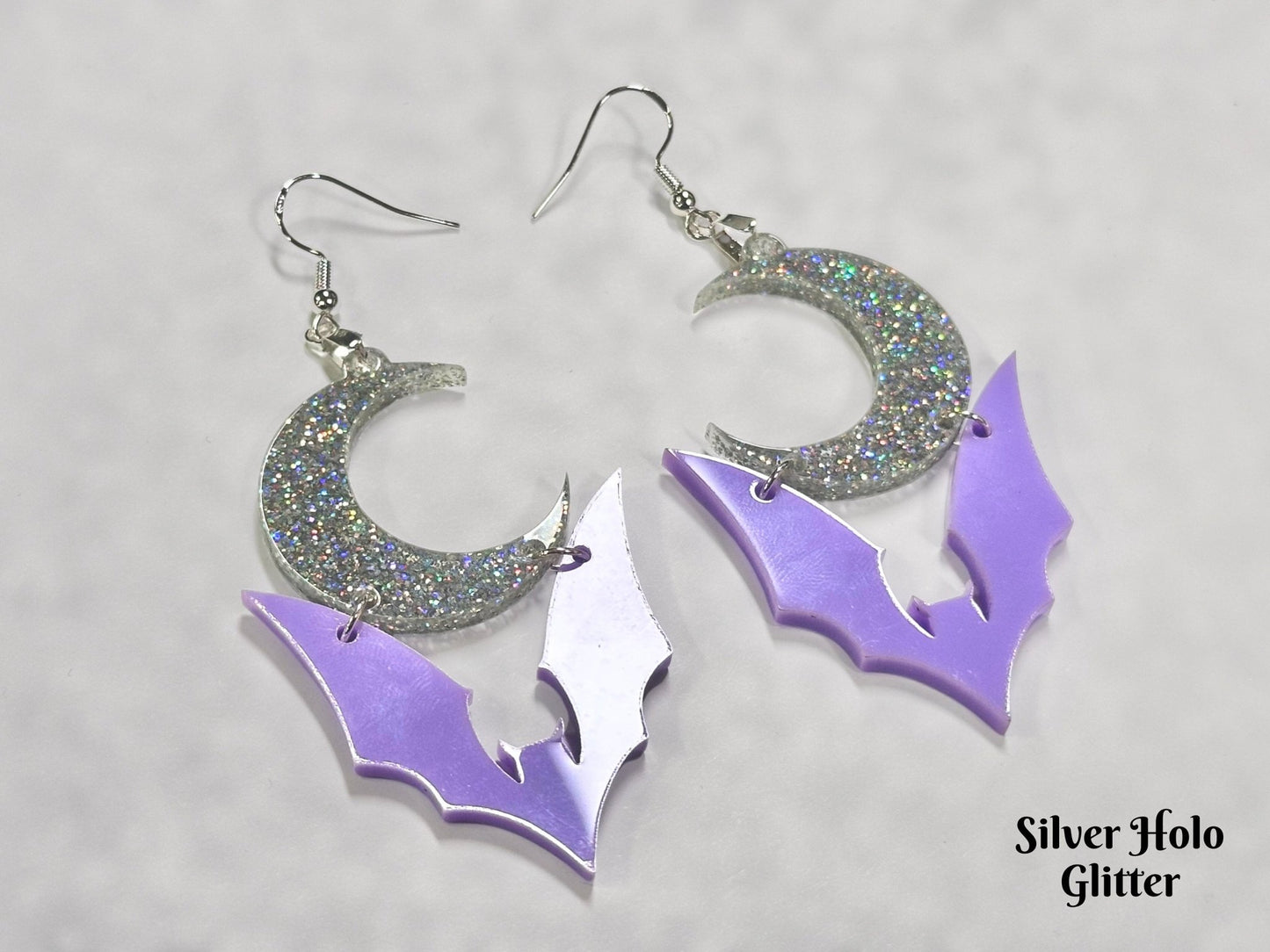 Pastel Goth Bat Earrings | Purple Halloween Crescent Moon Novelty Dangles - Painted Raina