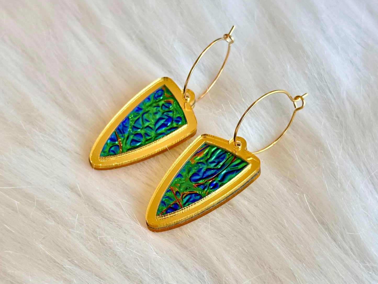Prism Shield Earrings – Black Sea Dichrolam & Gold Mirror Acrylic - Painted Raina