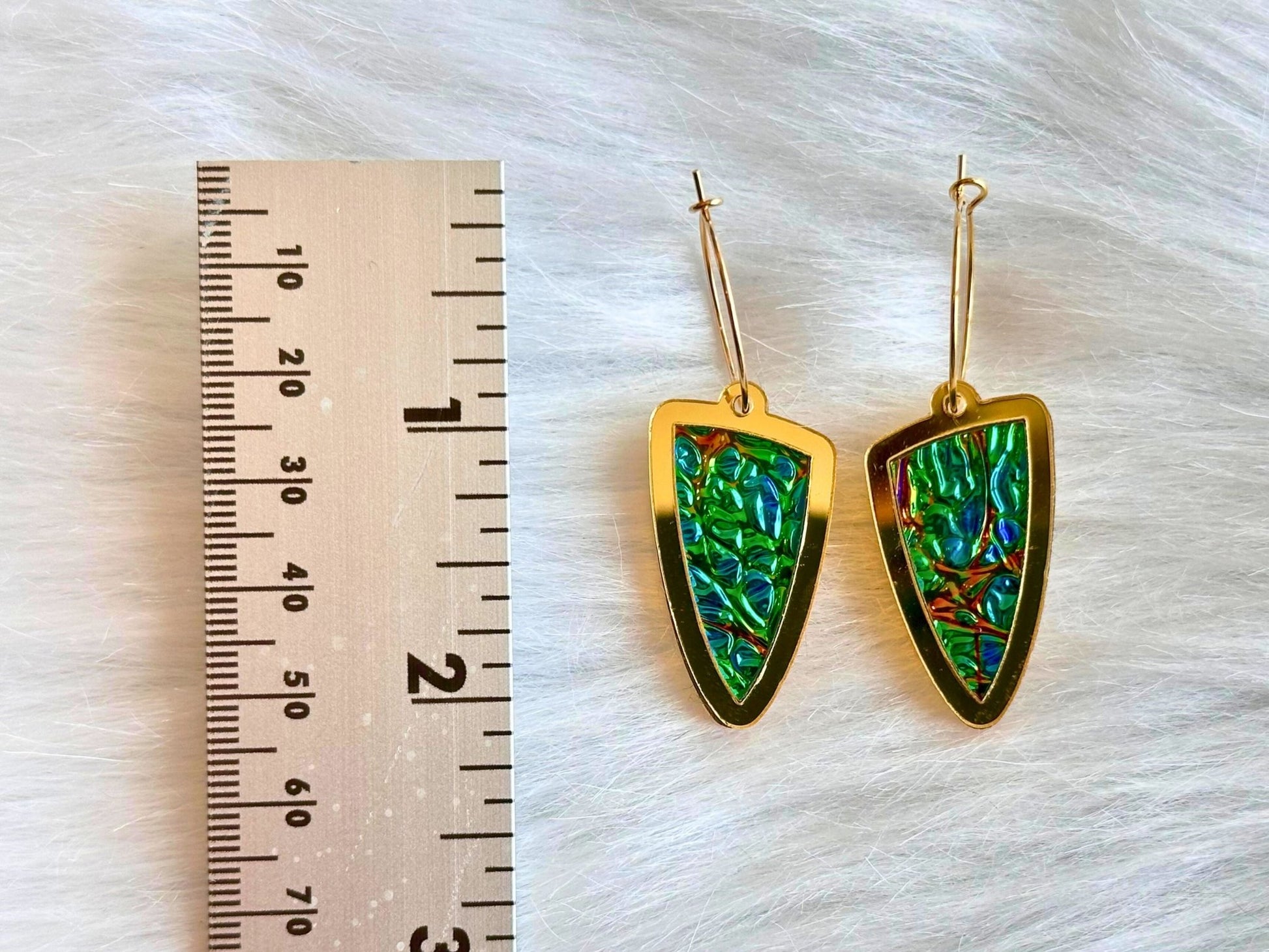 Prism Shield Earrings – Black Sea Dichrolam & Gold Mirror Acrylic - Painted Raina