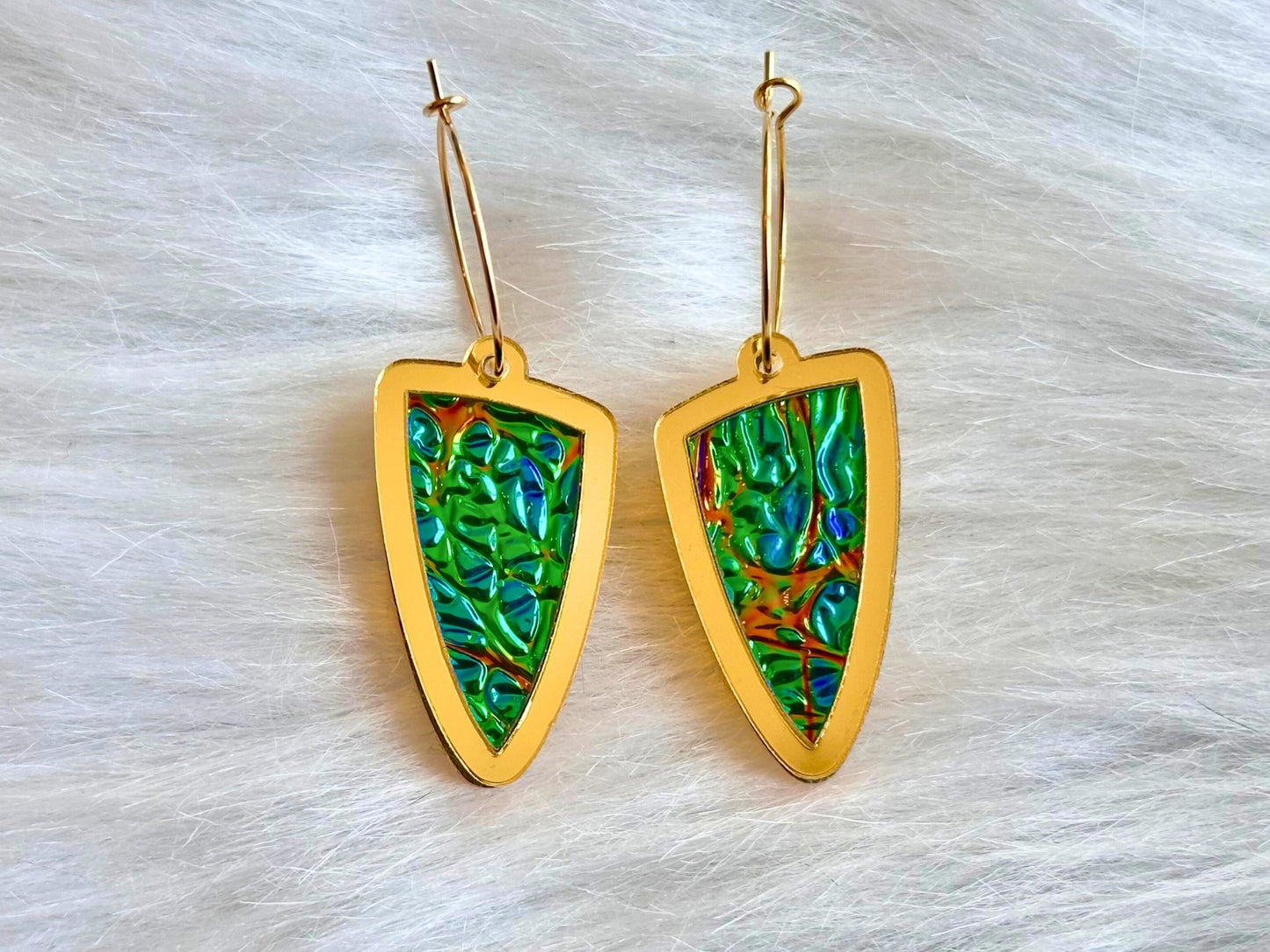 Prism Shield Earrings – Black Sea Dichrolam & Gold Mirror Acrylic - Painted Raina