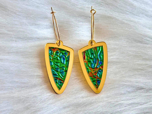 Prism Shield Earrings – Black Sea Dichrolam & Gold Mirror Acrylic - Painted Raina