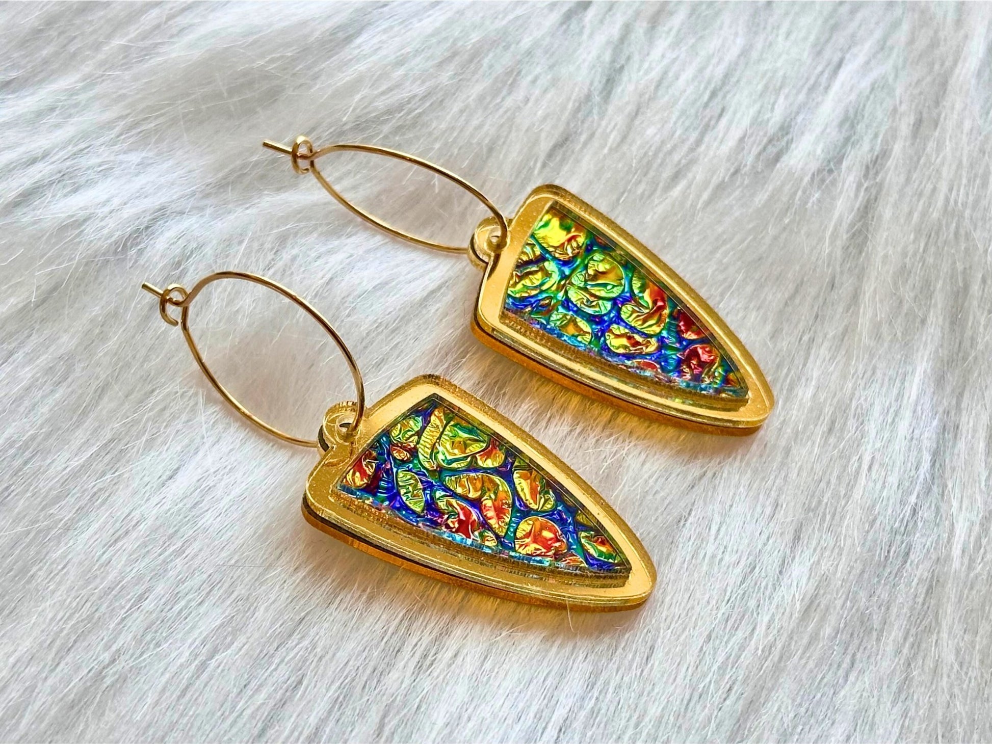 Prism Shield Earrings – Dragon Burl Dichrolam & Gold Mirror Acrylic - Painted Raina