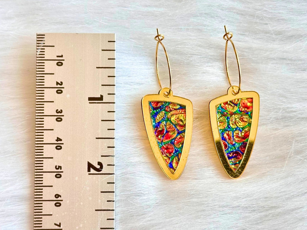 Prism Shield Earrings – Dragon Burl Dichrolam & Gold Mirror Acrylic - Painted Raina