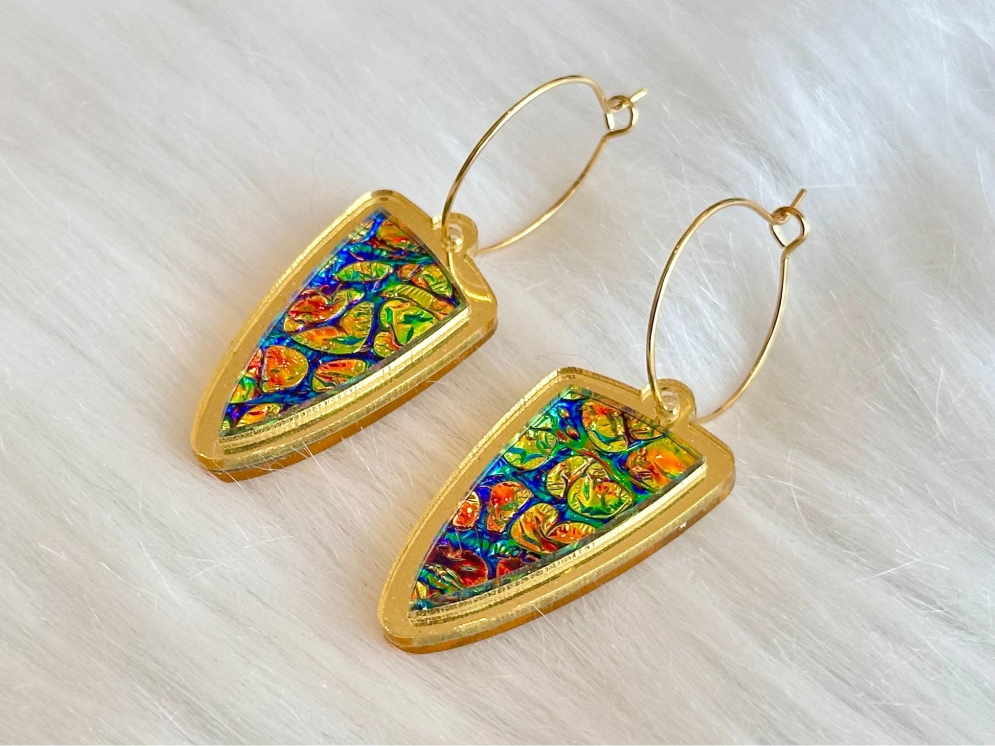 Prism Shield Earrings – Dragon Burl Dichrolam & Gold Mirror Acrylic - Painted Raina