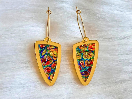 Prism Shield Earrings – Dragon Burl Dichrolam & Gold Mirror Acrylic - Painted Raina