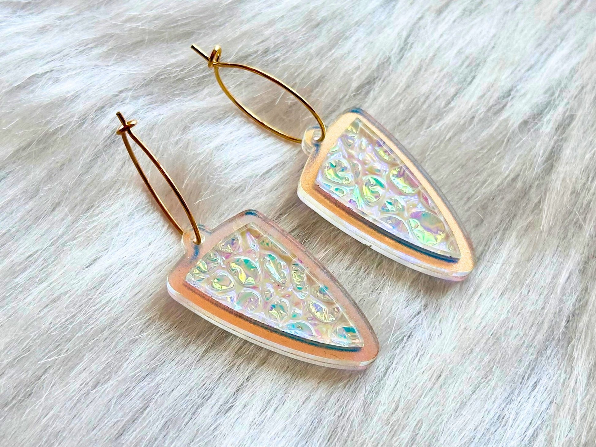 Prism Shield Earrings – Dragon Pearl Dichrolam & Iridescent Frosted Acrylic - Painted Raina