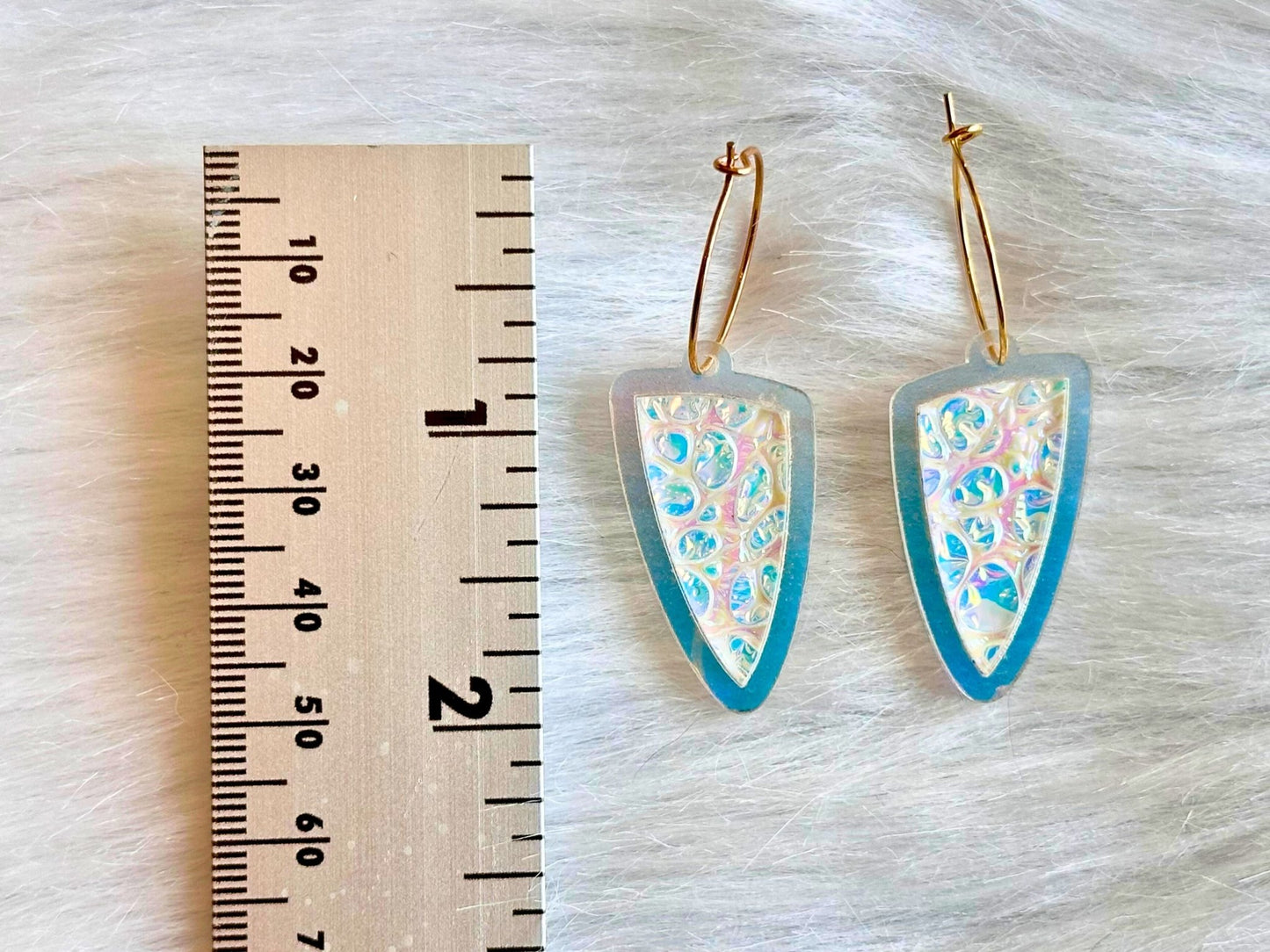 Prism Shield Earrings – Dragon Pearl Dichrolam & Iridescent Frosted Acrylic - Painted Raina