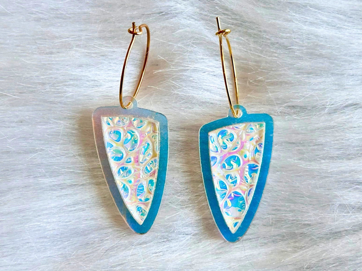 Prism Shield Earrings – Dragon Pearl Dichrolam & Iridescent Frosted Acrylic - Painted Raina