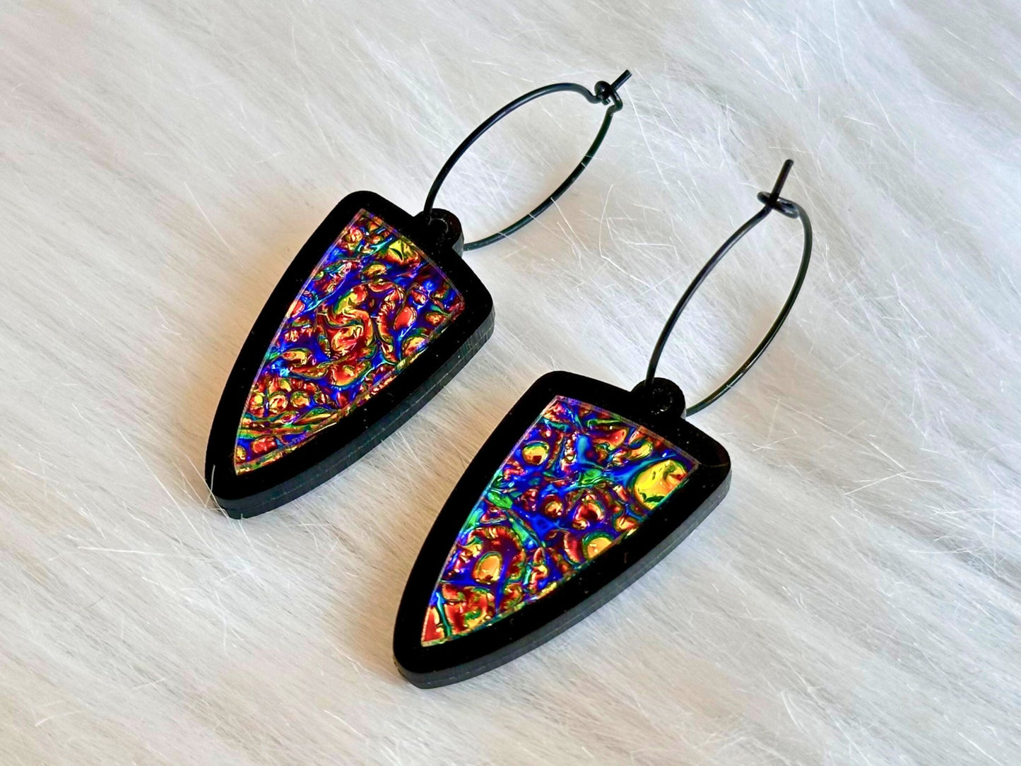 Prism Shield Earrings – Dragontastic Dichrolam & Black Acrylic - Painted Raina
