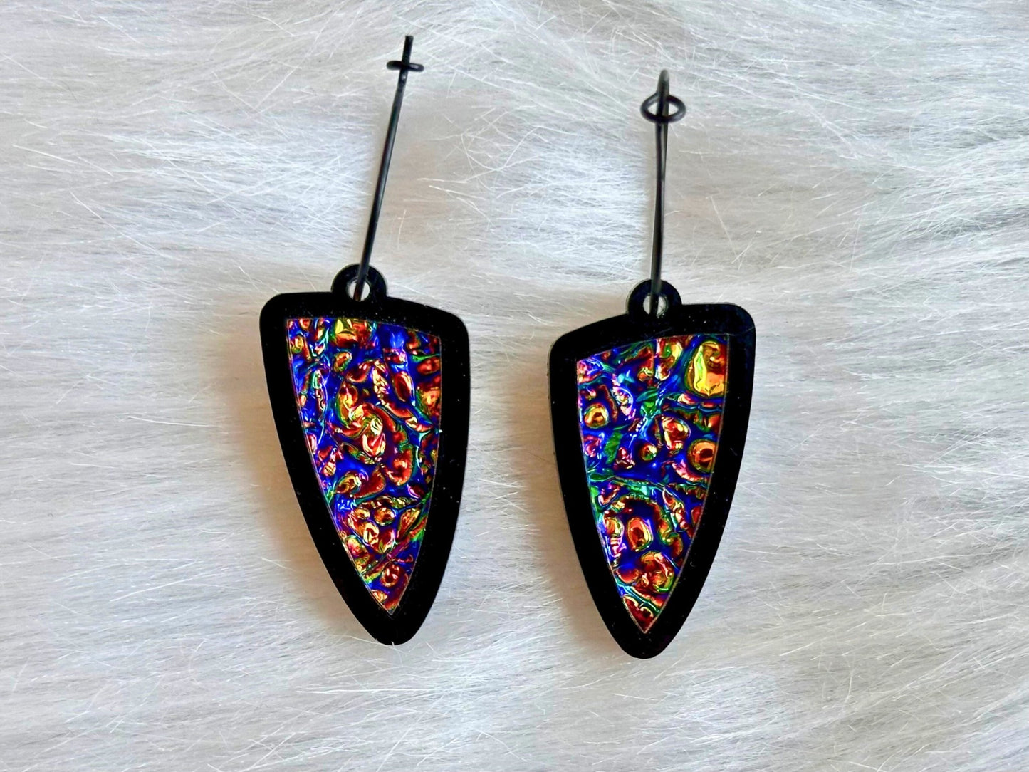 Prism Shield Earrings – Dragontastic Dichrolam & Black Acrylic - Painted Raina