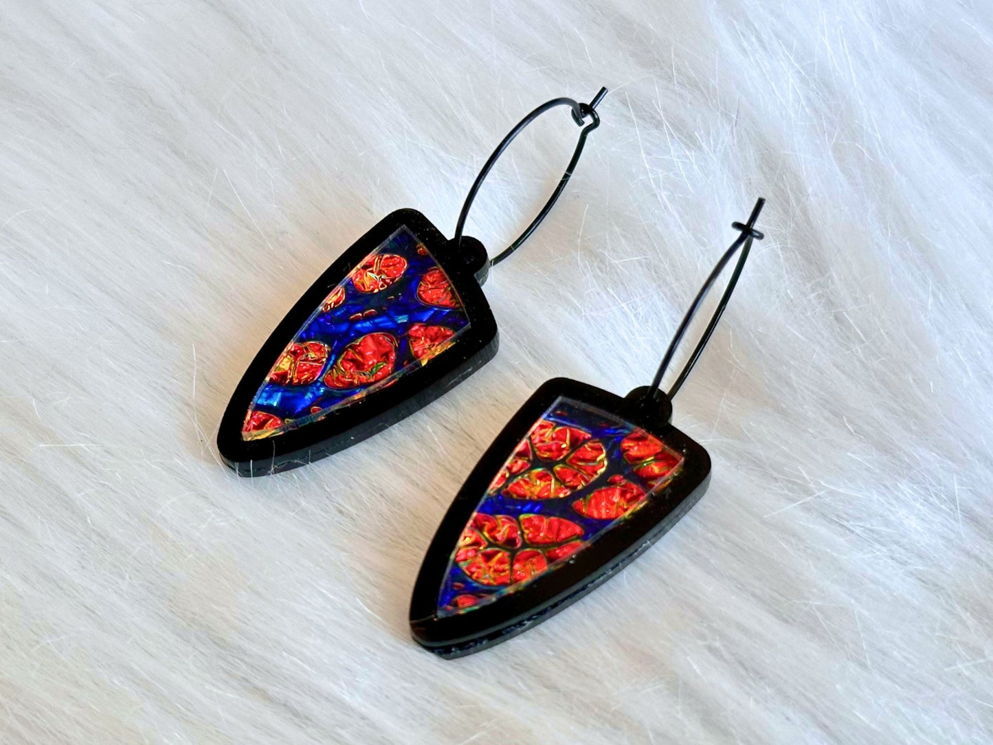 Prism Shield Earrings – Red Burl Dichrolam & Black Acrylic - Painted Raina