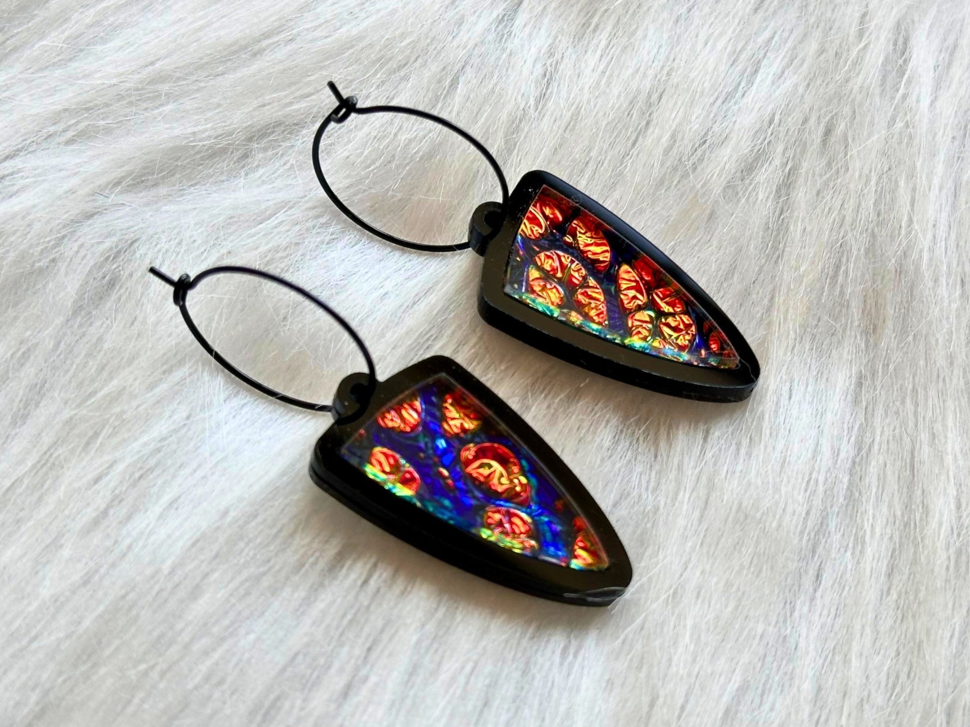 Prism Shield Earrings – Red Burl Dichrolam & Black Acrylic - Painted Raina