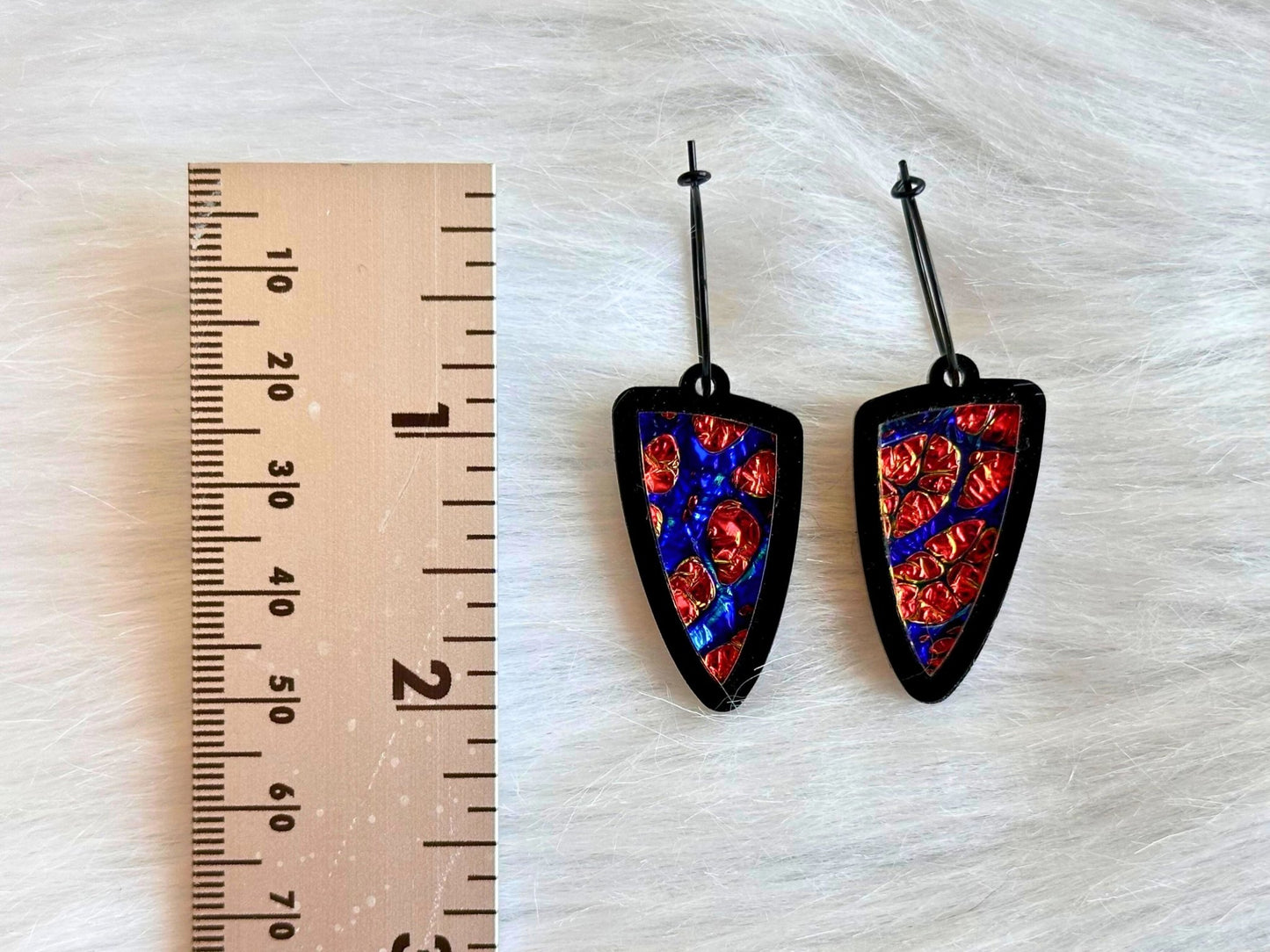 Prism Shield Earrings – Red Burl Dichrolam & Black Acrylic - Painted Raina