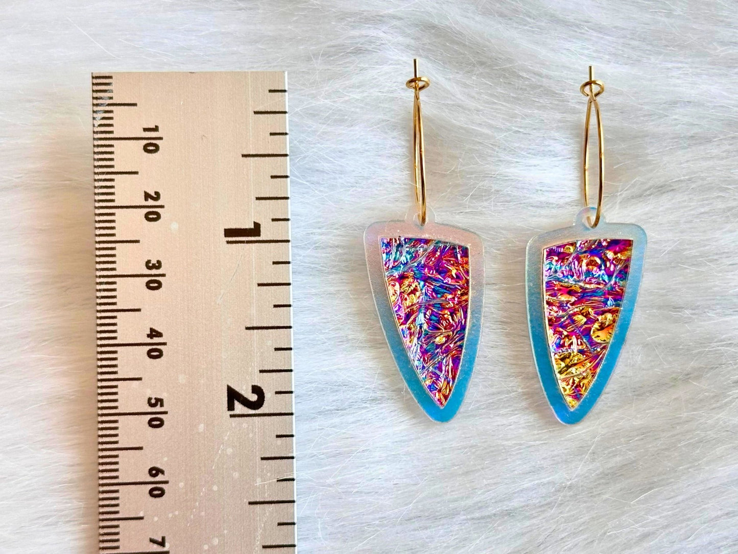 Prism Shield Earrings – Titanium Burl Dichrolam & Iridescent Frosted Acrylic - Painted Raina
