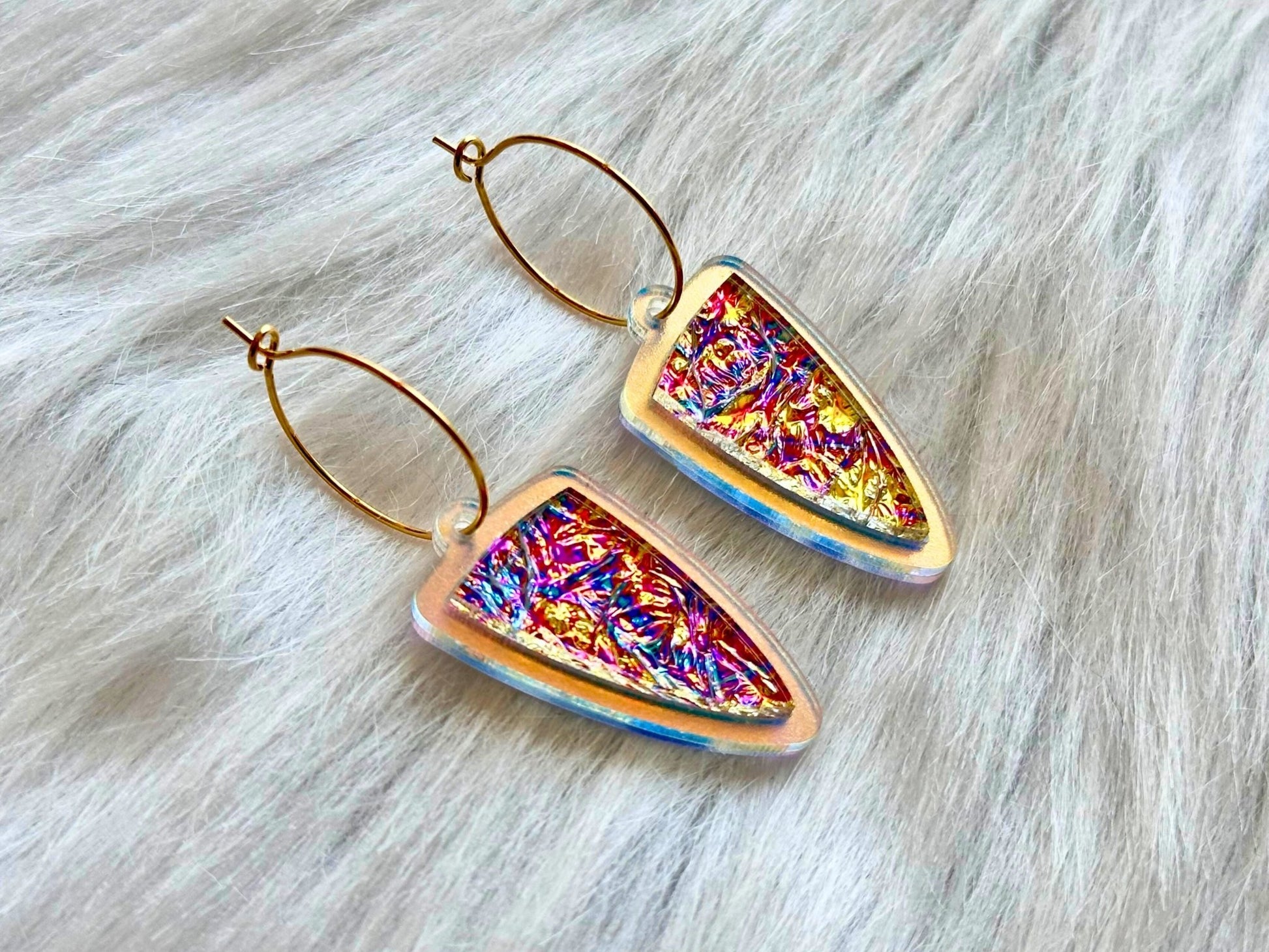 Prism Shield Earrings – Titanium Burl Dichrolam & Iridescent Frosted Acrylic - Painted Raina