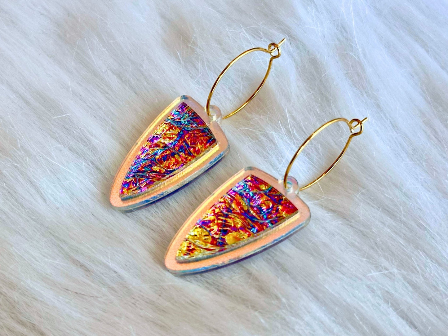 Prism Shield Earrings – Titanium Burl Dichrolam & Iridescent Frosted Acrylic - Painted Raina