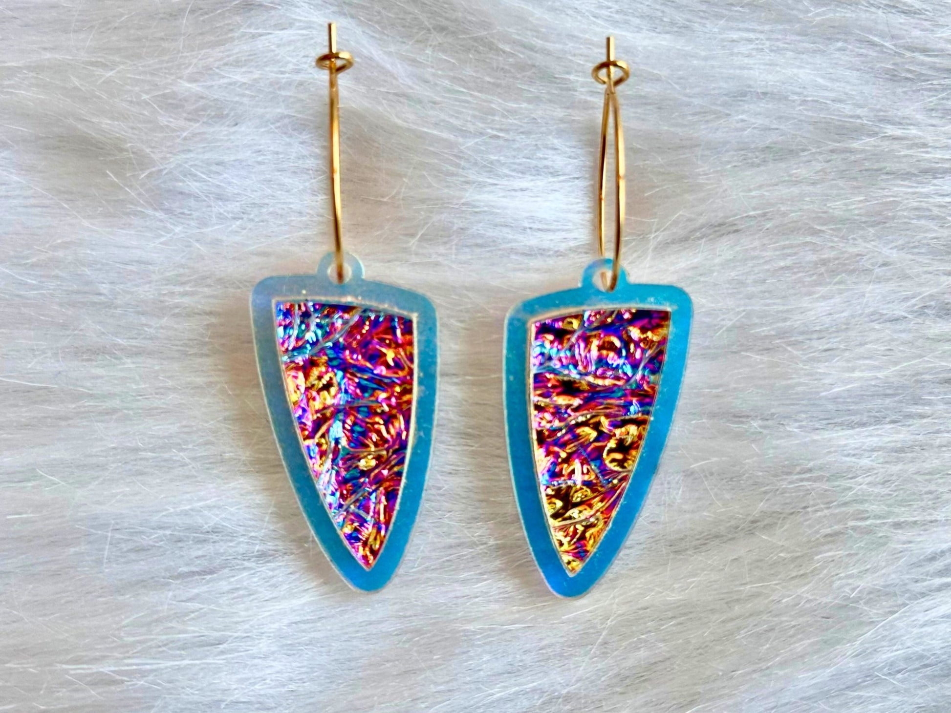 Prism Shield Earrings – Titanium Burl Dichrolam & Iridescent Frosted Acrylic - Painted Raina