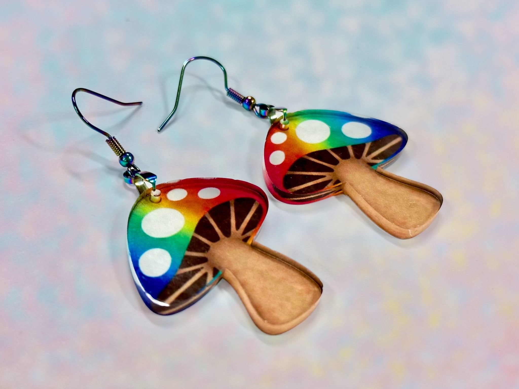 Rainbow Toadstool Earrings | Cottagecore PRIDE Mushroom Dangles - Painted Raina