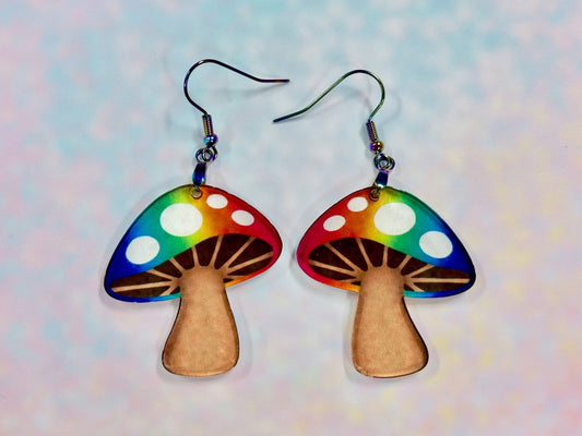 Rainbow Toadstool Earrings | Cottagecore PRIDE Mushroom Dangles - Painted Raina