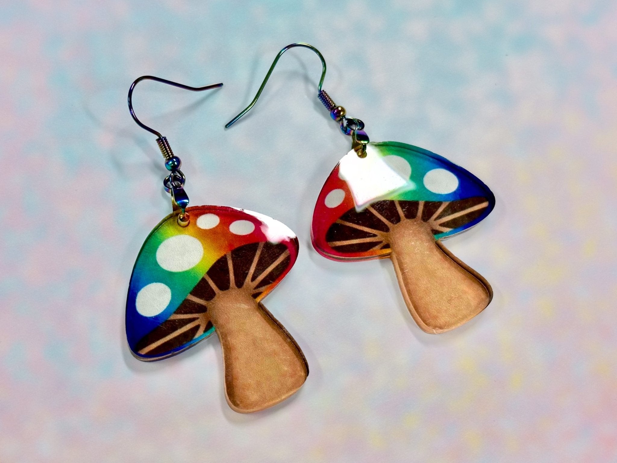 Rainbow Toadstool Earrings | Cottagecore PRIDE Mushroom Dangles - Painted Raina
