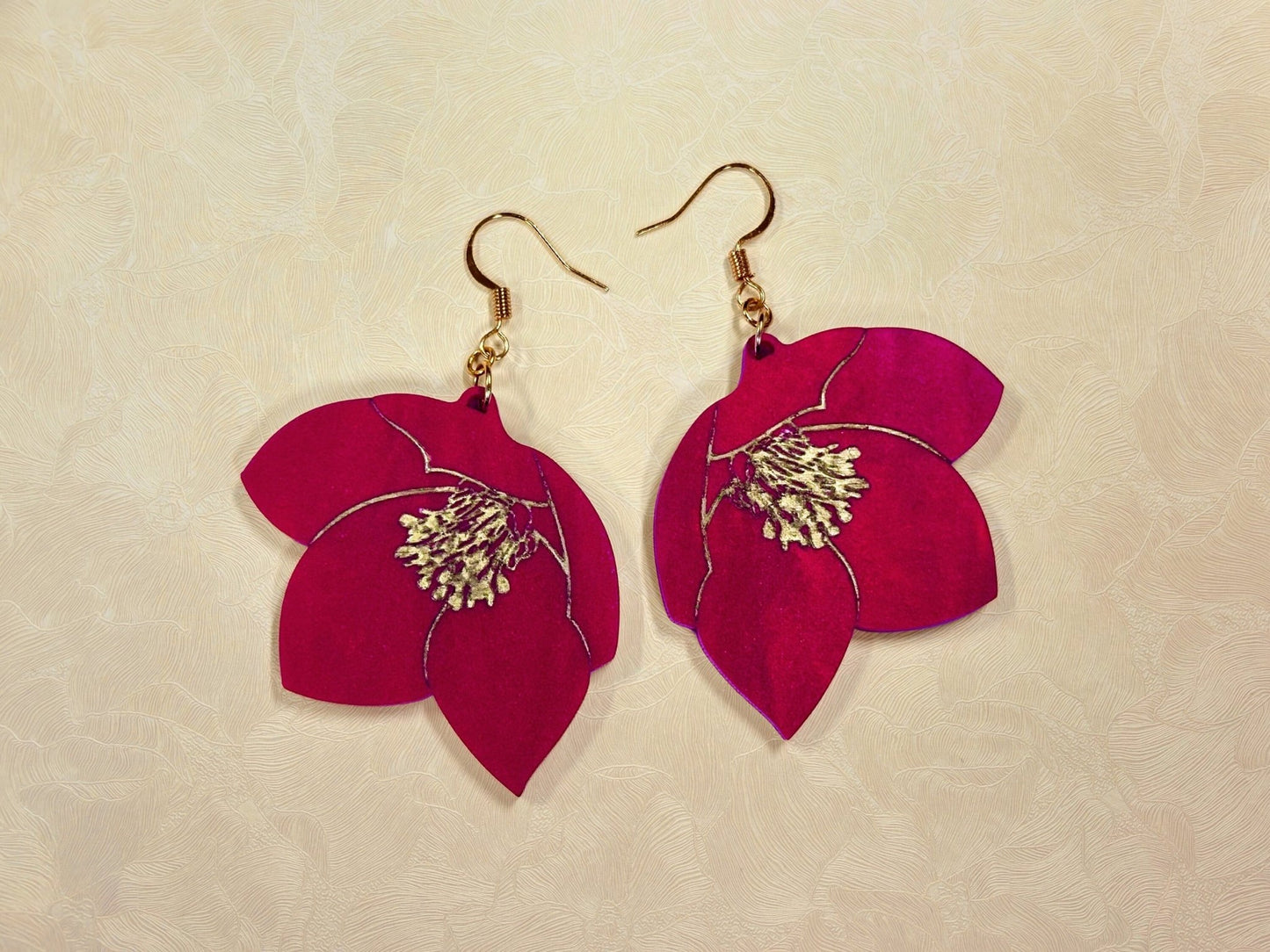 Red and Gold Flower Earrings | Hellebore Floral Dangles - Painted Raina