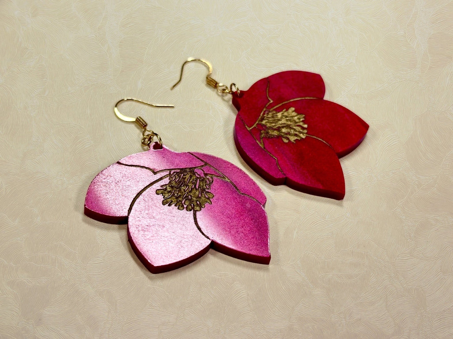 Red and Gold Flower Earrings | Hellebore Floral Dangles - Painted Raina