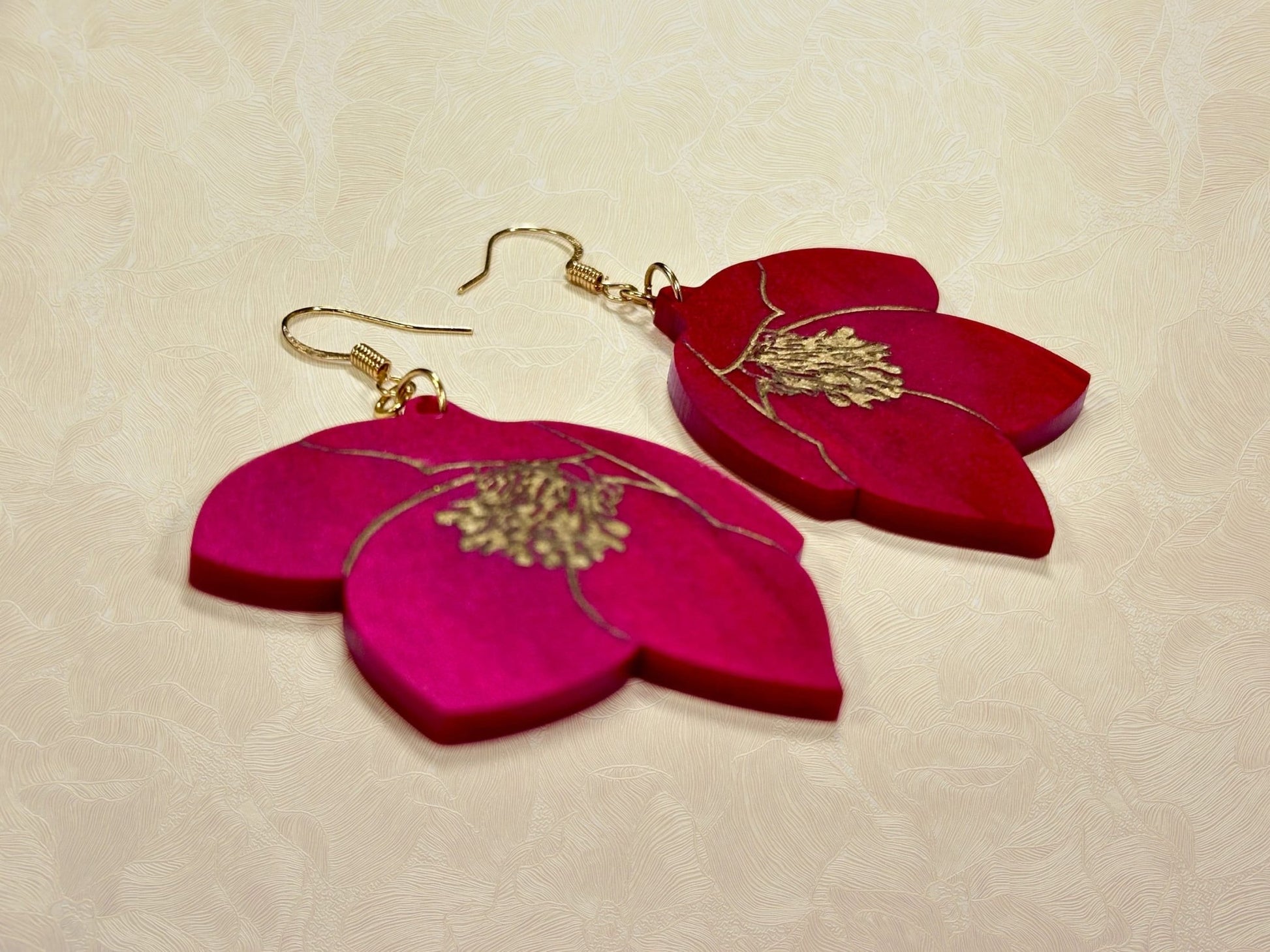 Red and Gold Flower Earrings | Hellebore Floral Dangles - Painted Raina