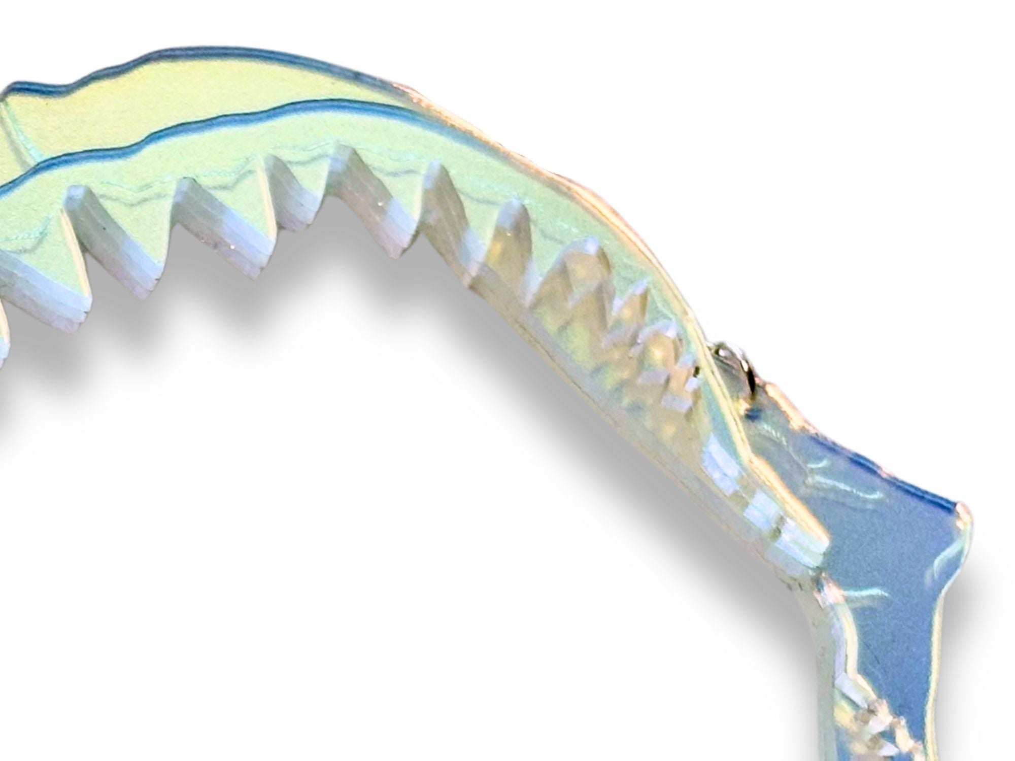 Closeup macro photo of teeth of iridescent shark jaw necklace showing layers, engraving, and craftsmanship.