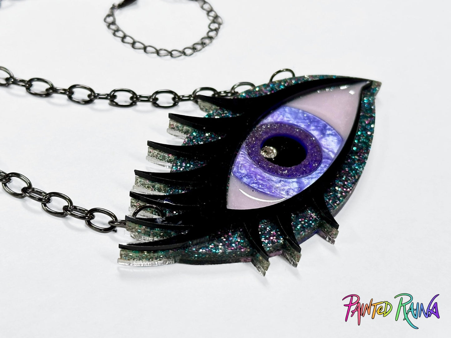 Stormy Girl Eye Necklace - Purple and Gray Design - Painted Raina