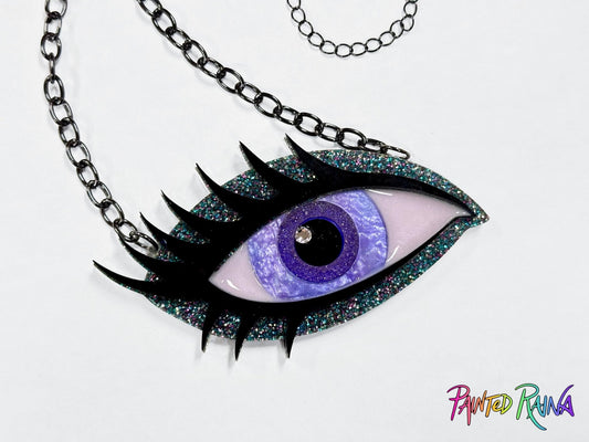 Stormy Girl Eye Necklace - Purple and Gray Design - Painted Raina