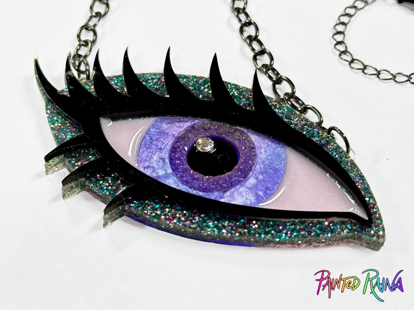 Stormy Girl Eye Necklace - Purple and Gray Design - Painted Raina