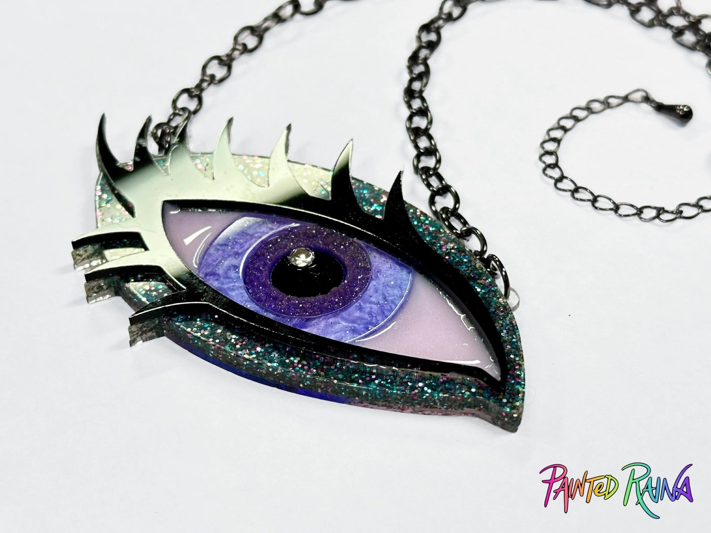 Stormy Girl Eye Necklace - Purple and Gray Design - Painted Raina