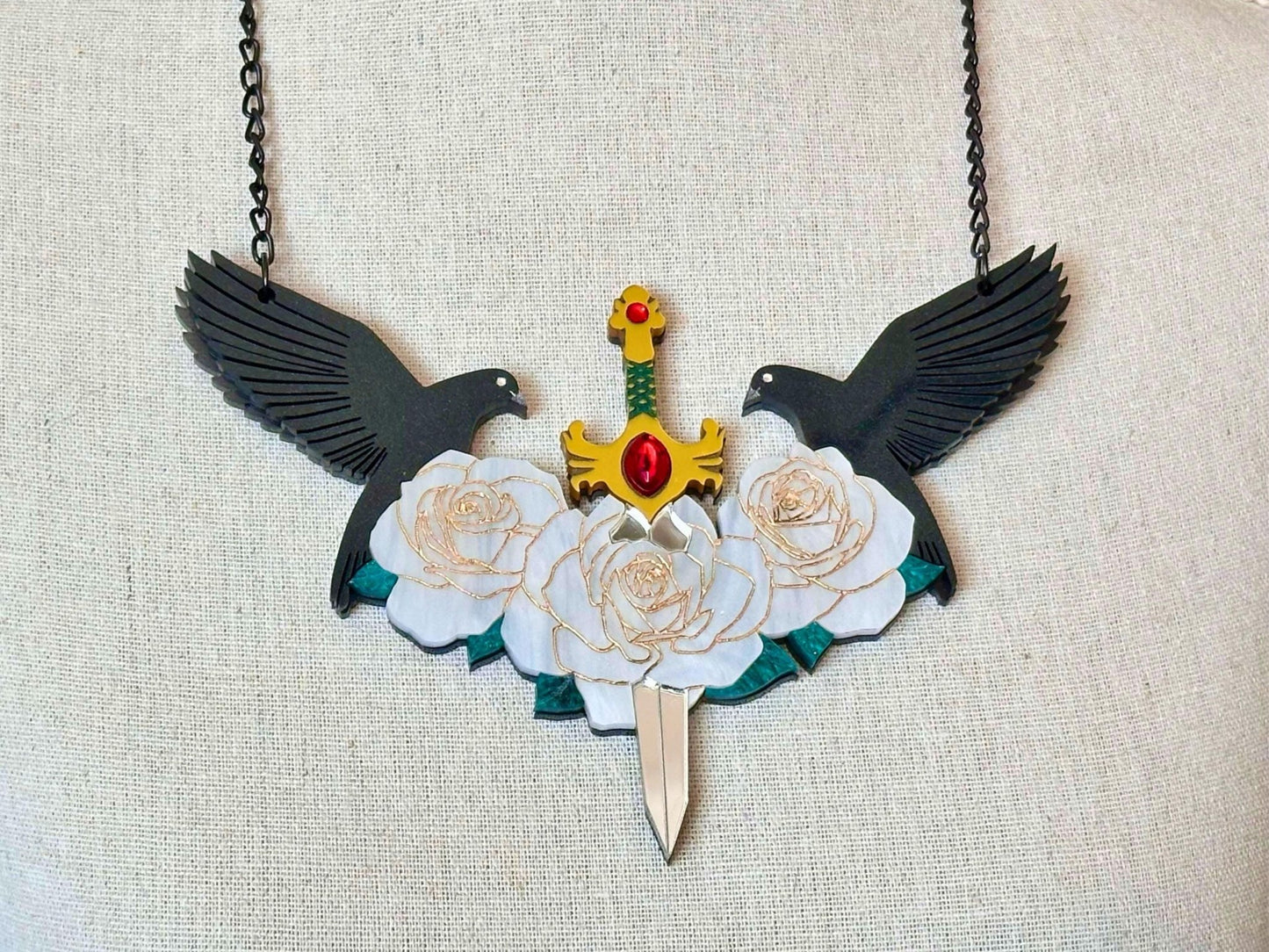 Sword & Rose Statement Necklace | Handmade, Sculptural Gothic Fantasy Art Jewelry - Painted Raina