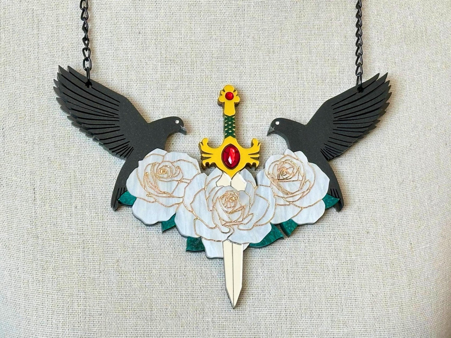 Sword & Rose Statement Necklace | Handmade, Sculptural Gothic Fantasy Art Jewelry - Painted Raina
