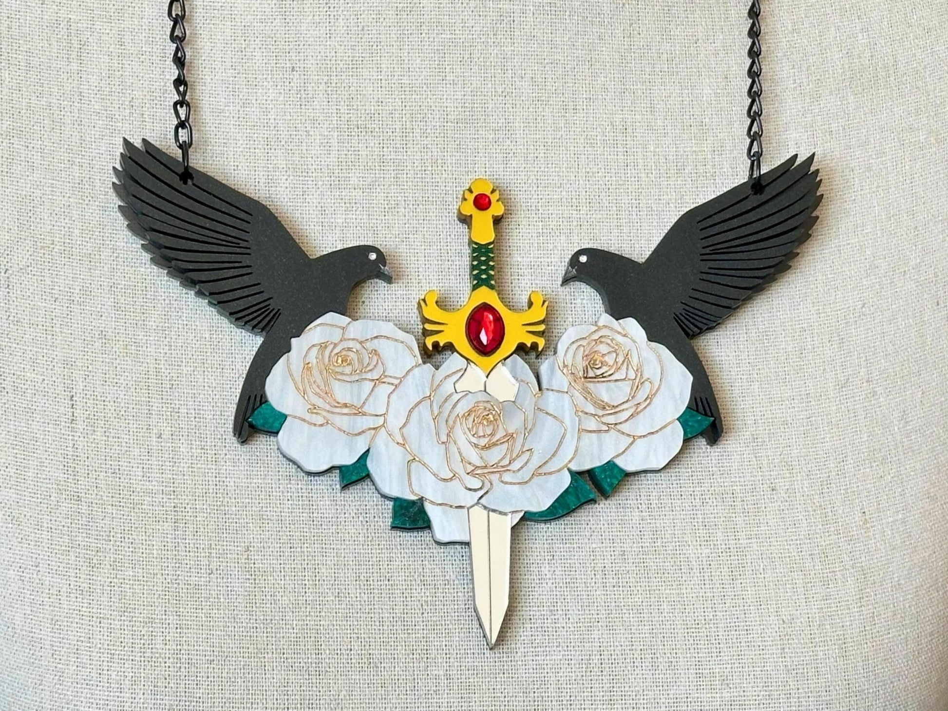 Sword & Rose Statement Necklace | Handmade, Sculptural Gothic Fantasy Art Jewelry - Painted Raina