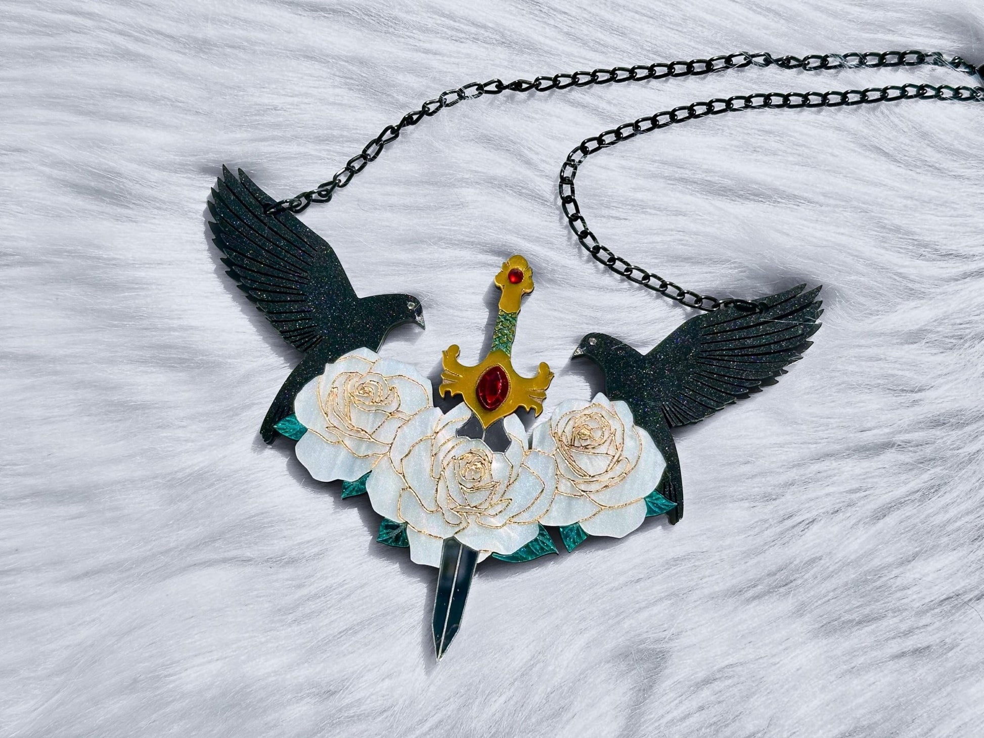 Sword & Rose Statement Necklace | Handmade, Sculptural Gothic Fantasy Art Jewelry - Painted Raina
