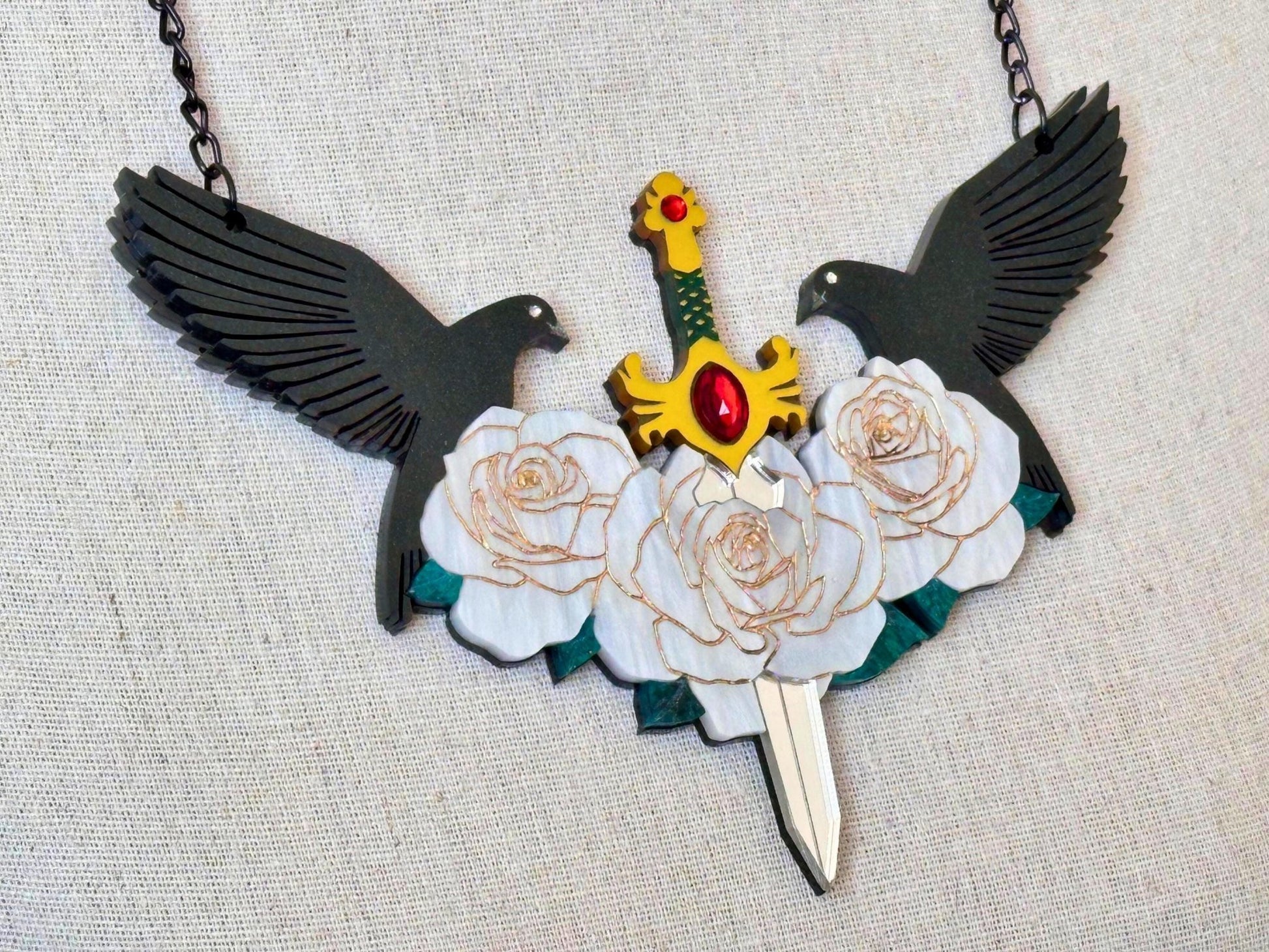 Sword & Rose Statement Necklace | Handmade, Sculptural Gothic Fantasy Art Jewelry - Painted Raina